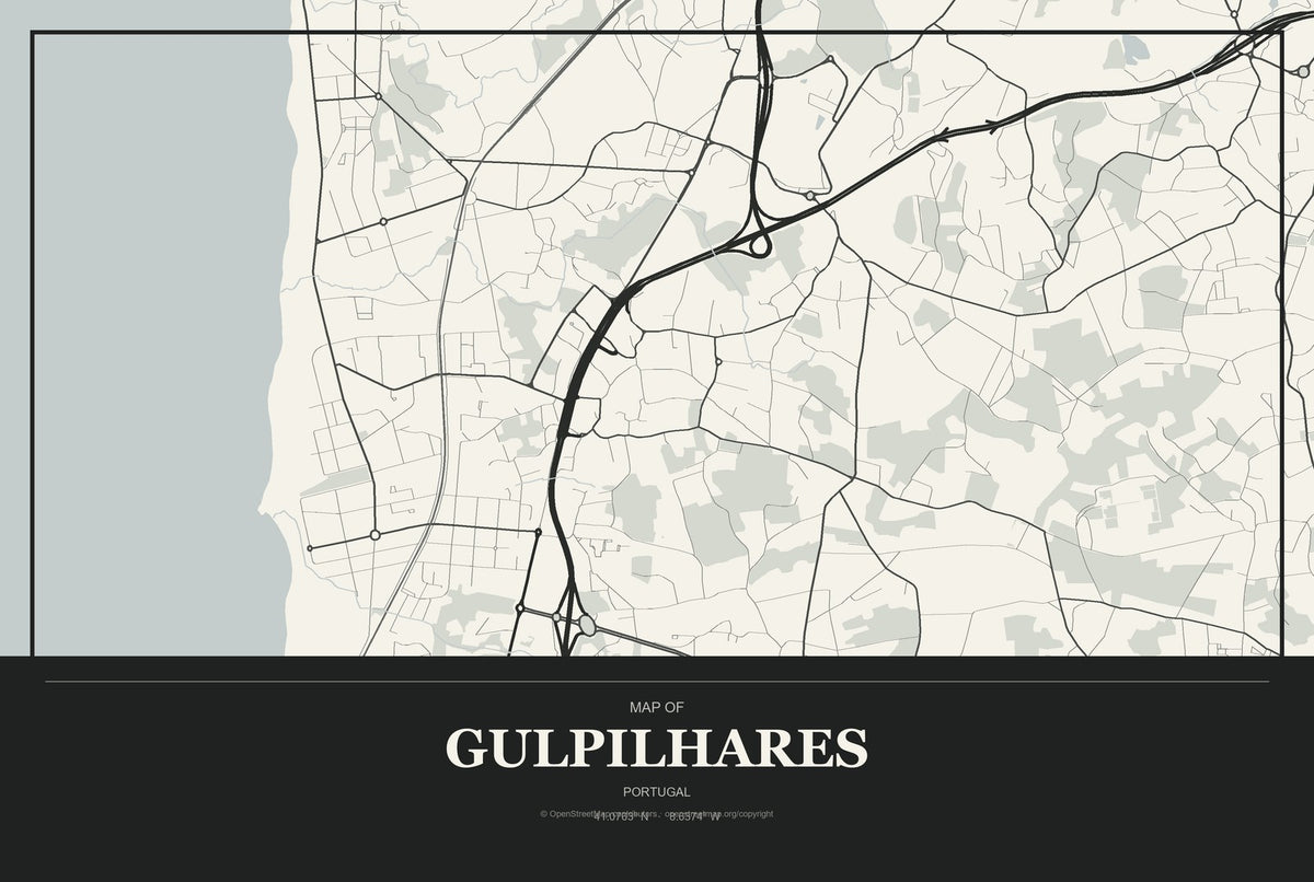 Gulpilhares, Portugal City Map Aluminum Sign in Museum Plaque style