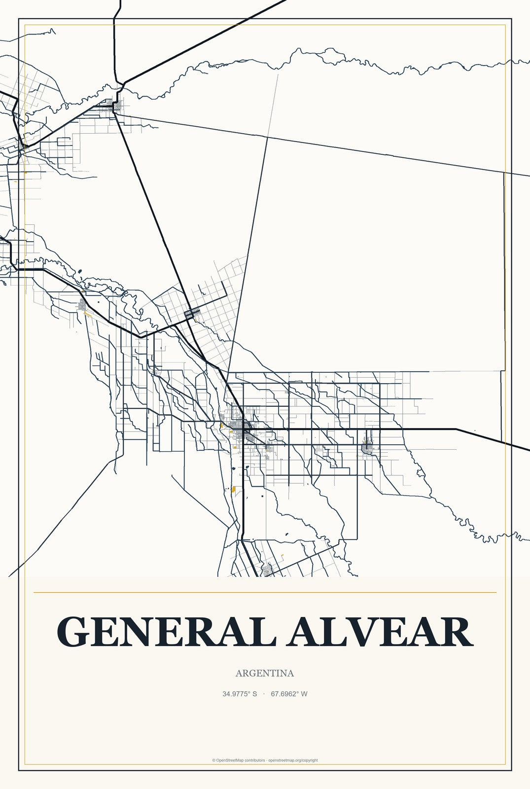 General Alvear, Argentina City Map Aluminum Sign in Citrine Modern style
