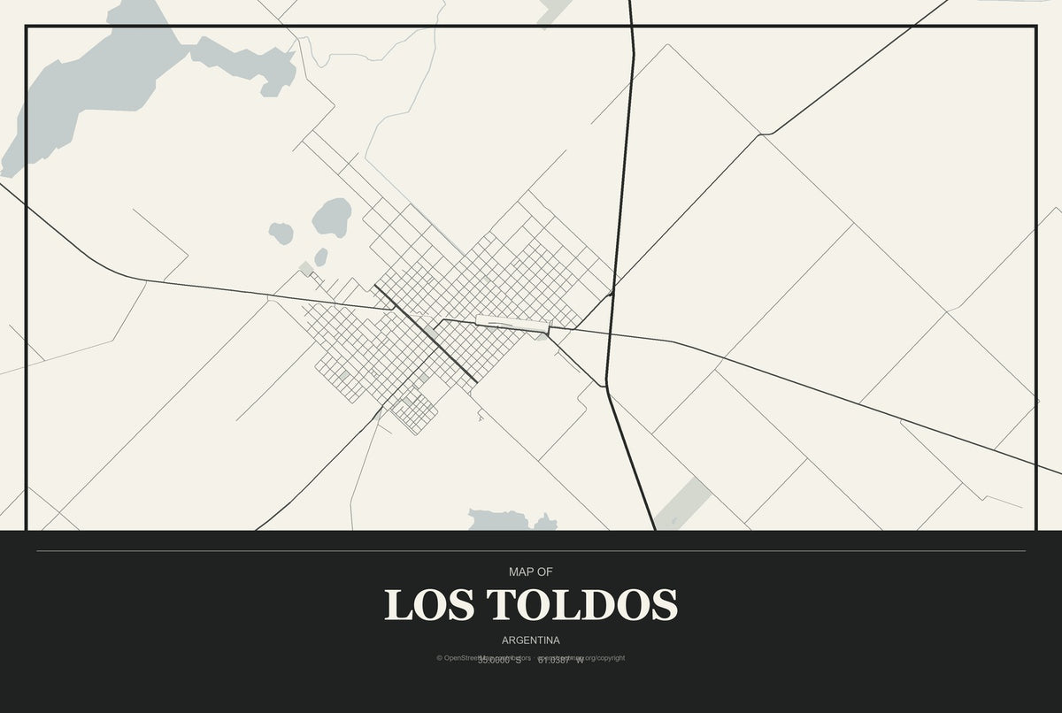 Los Toldos, Argentina City Map Aluminum Sign in Museum Plaque style