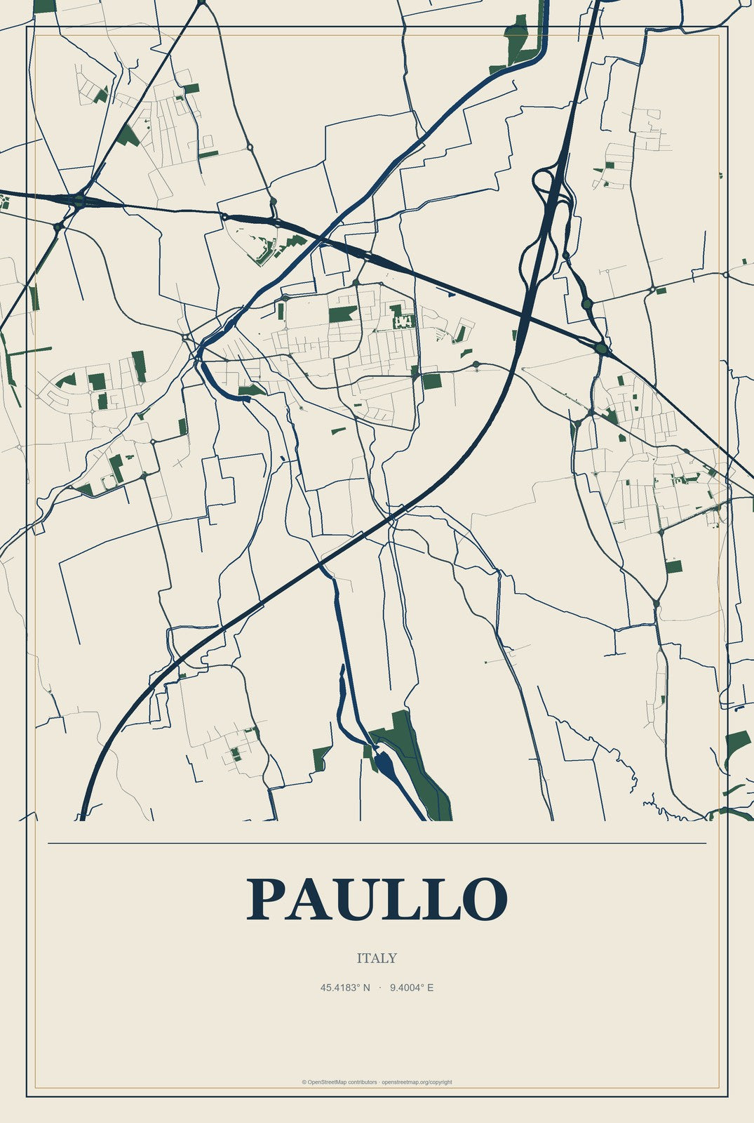 Paullo, Italy City Map Aluminum Sign in Coastal Cutout style
