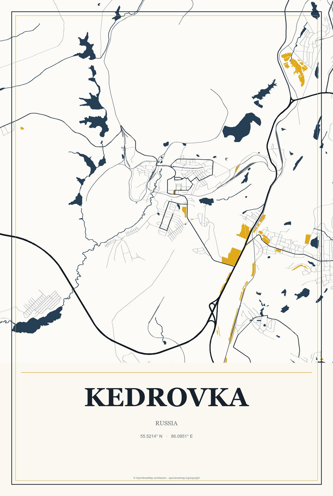 Kedrovka, Russia City Map Aluminum Sign in Citrine Modern style