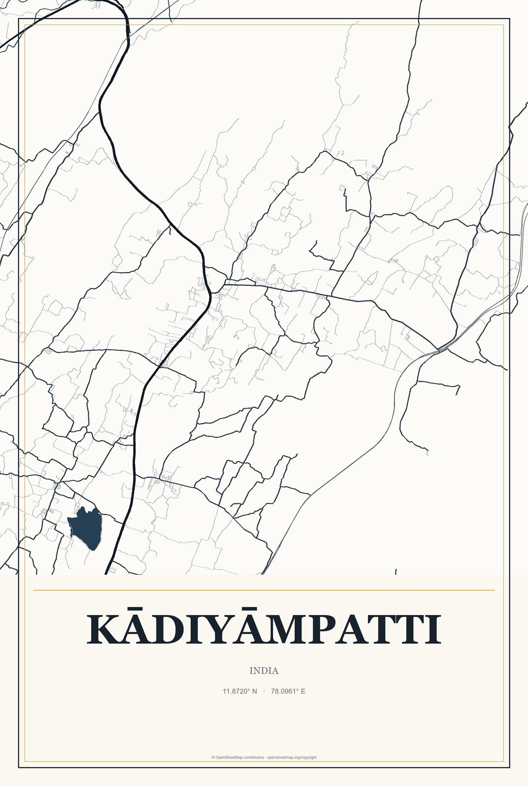 Kādiyāmpatti, India City Map Aluminum Sign in Citrine Modern style