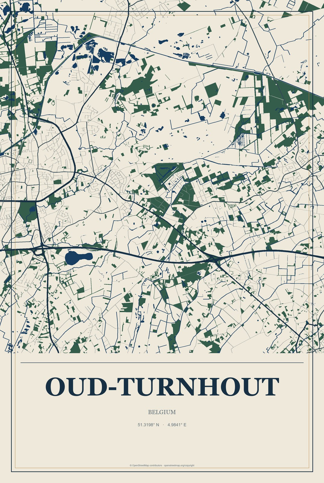 Oud-Turnhout, Belgium City Map Aluminum Sign in Coastal Cutout style