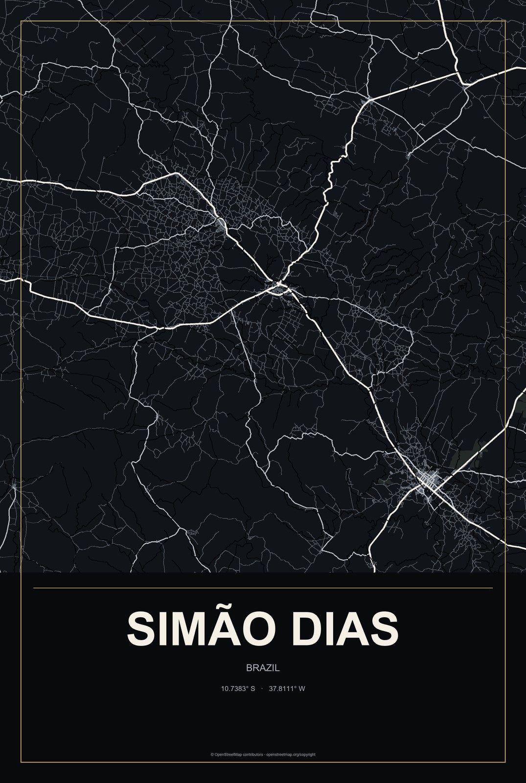 Simão Dias, Brazil City Map Aluminum Sign in Metropolitan Noir style