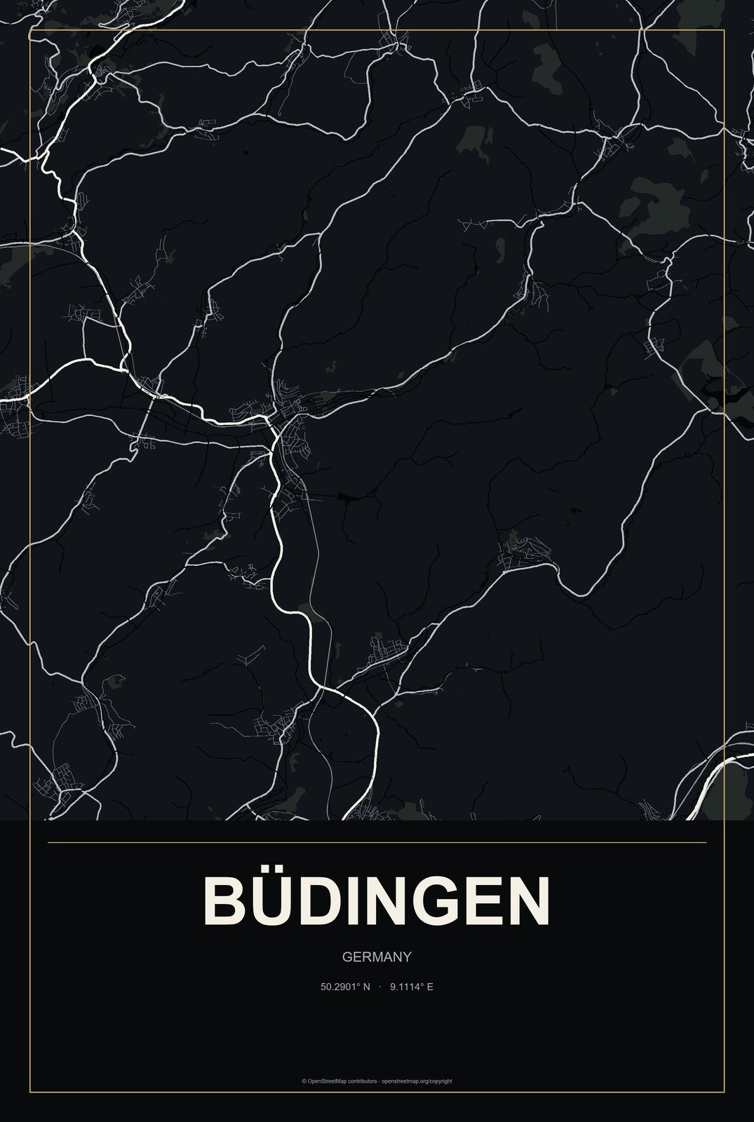 Büdingen, Germany City Map Aluminum Sign in Metropolitan Noir style
