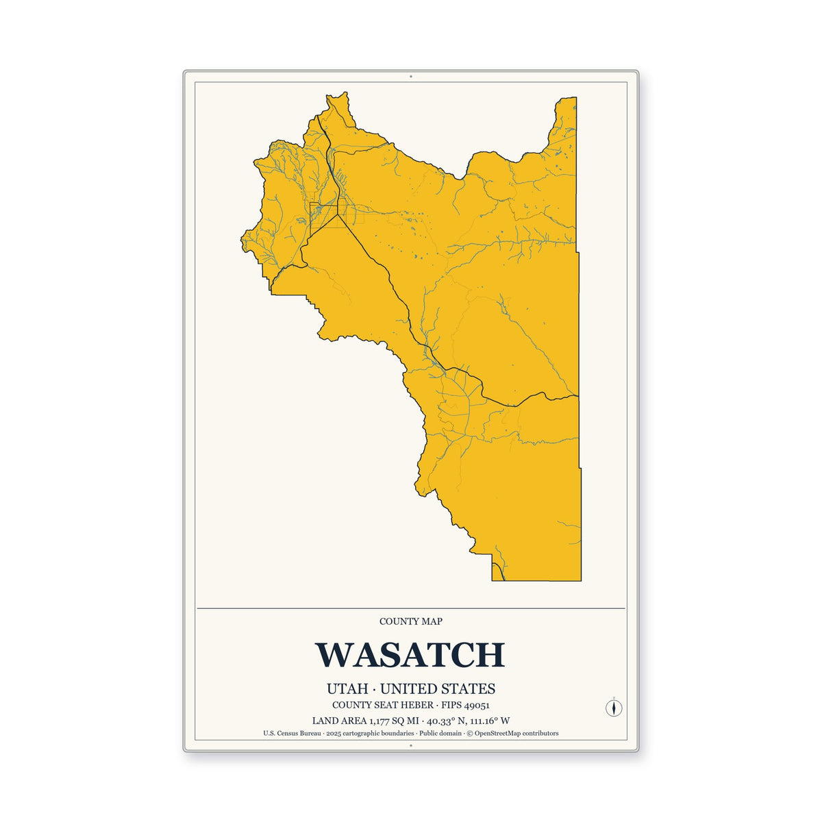 Wasatch County, Utah Map Aluminum Sign in Citrine Modern style
