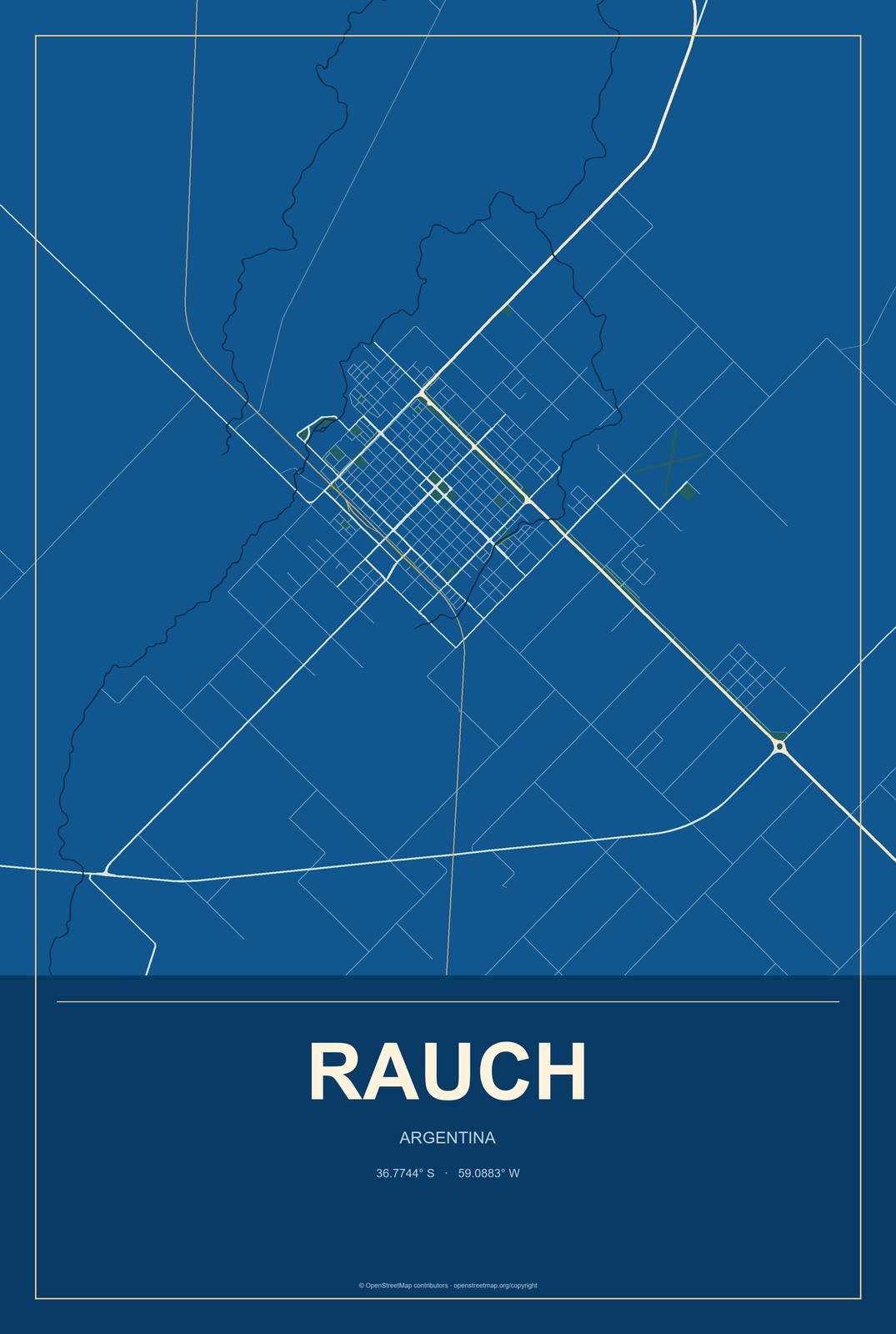Rauch, Argentina City Map Aluminum Sign in Harbor Cobalt style
