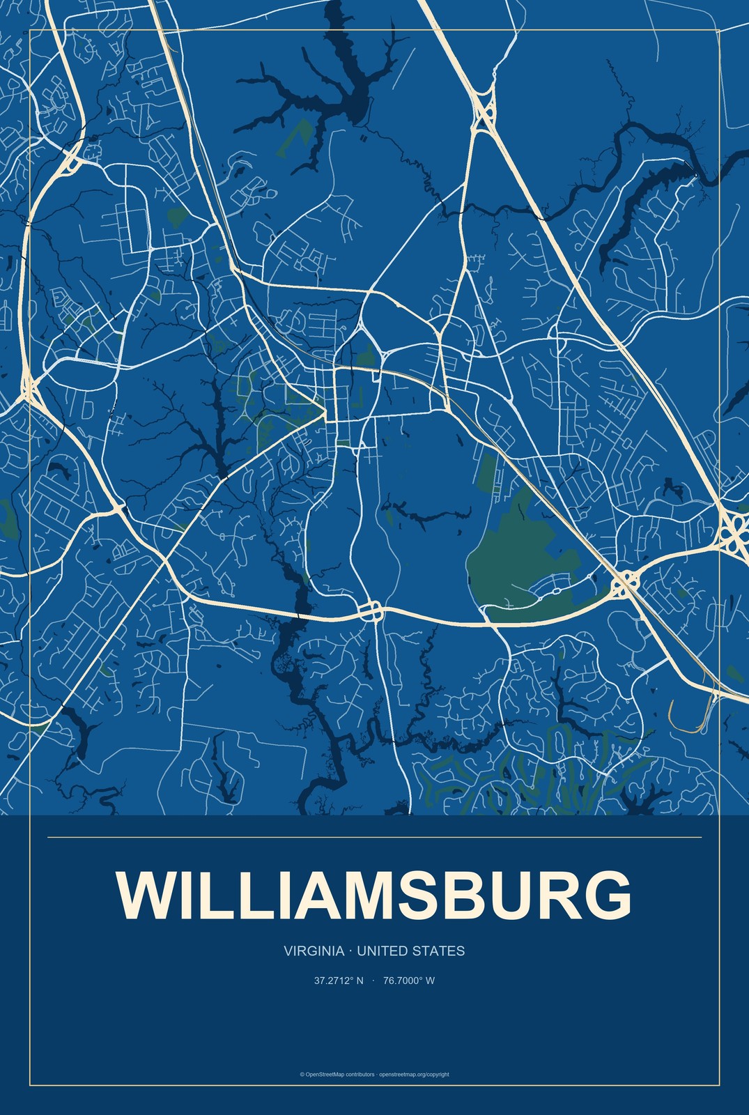 Williamsburg, Virginia City Map Aluminum Sign in Harbor Cobalt style
