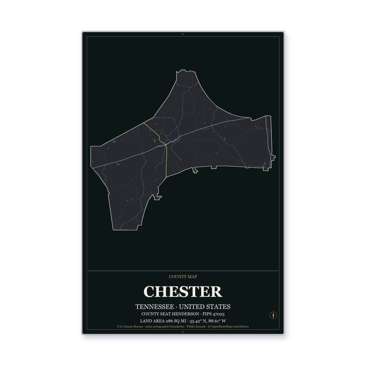 Chester County, Tennessee Map Aluminum Sign in Metropolitan Noir style