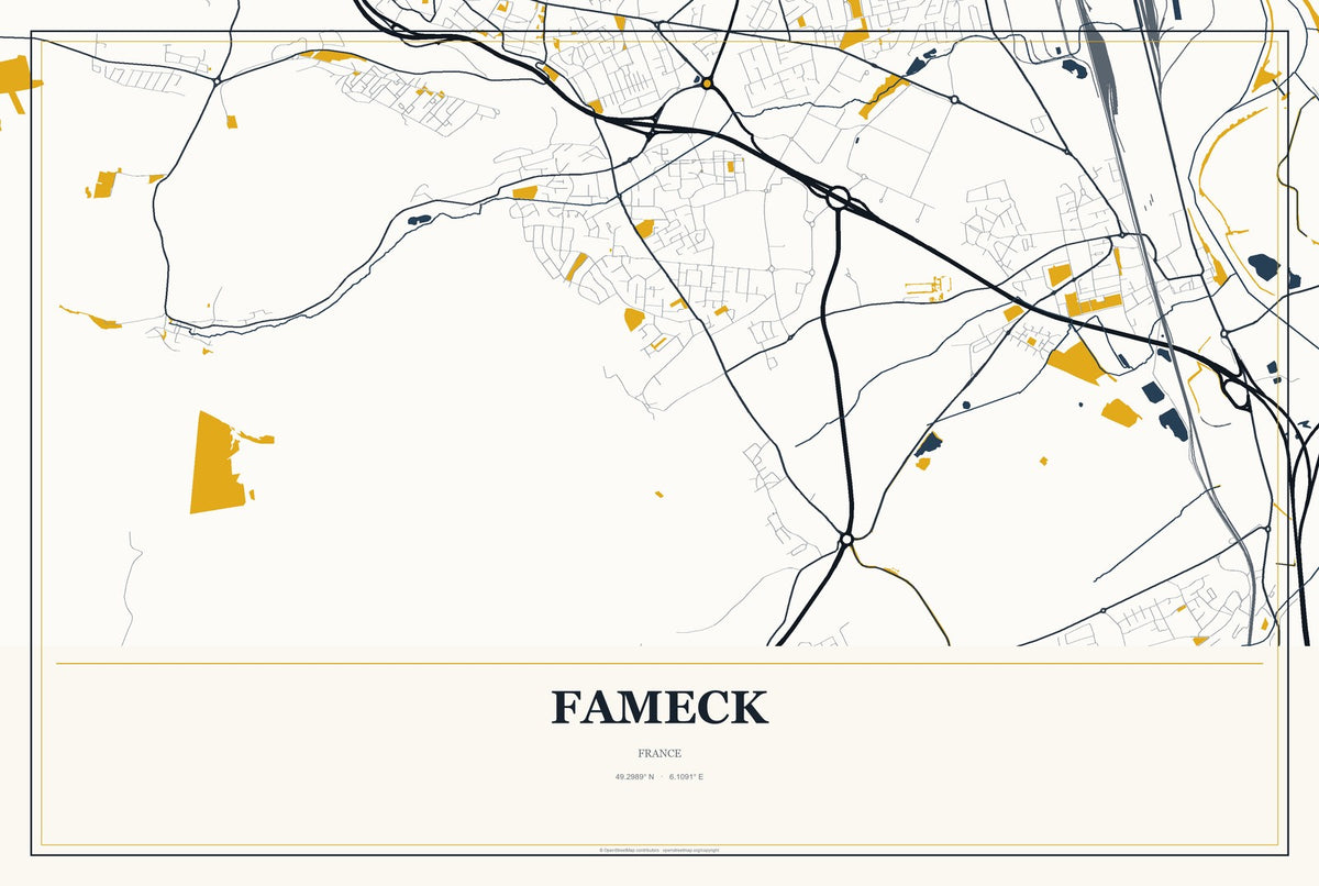 Fameck, France City Map Aluminum Sign in Citrine Modern style
