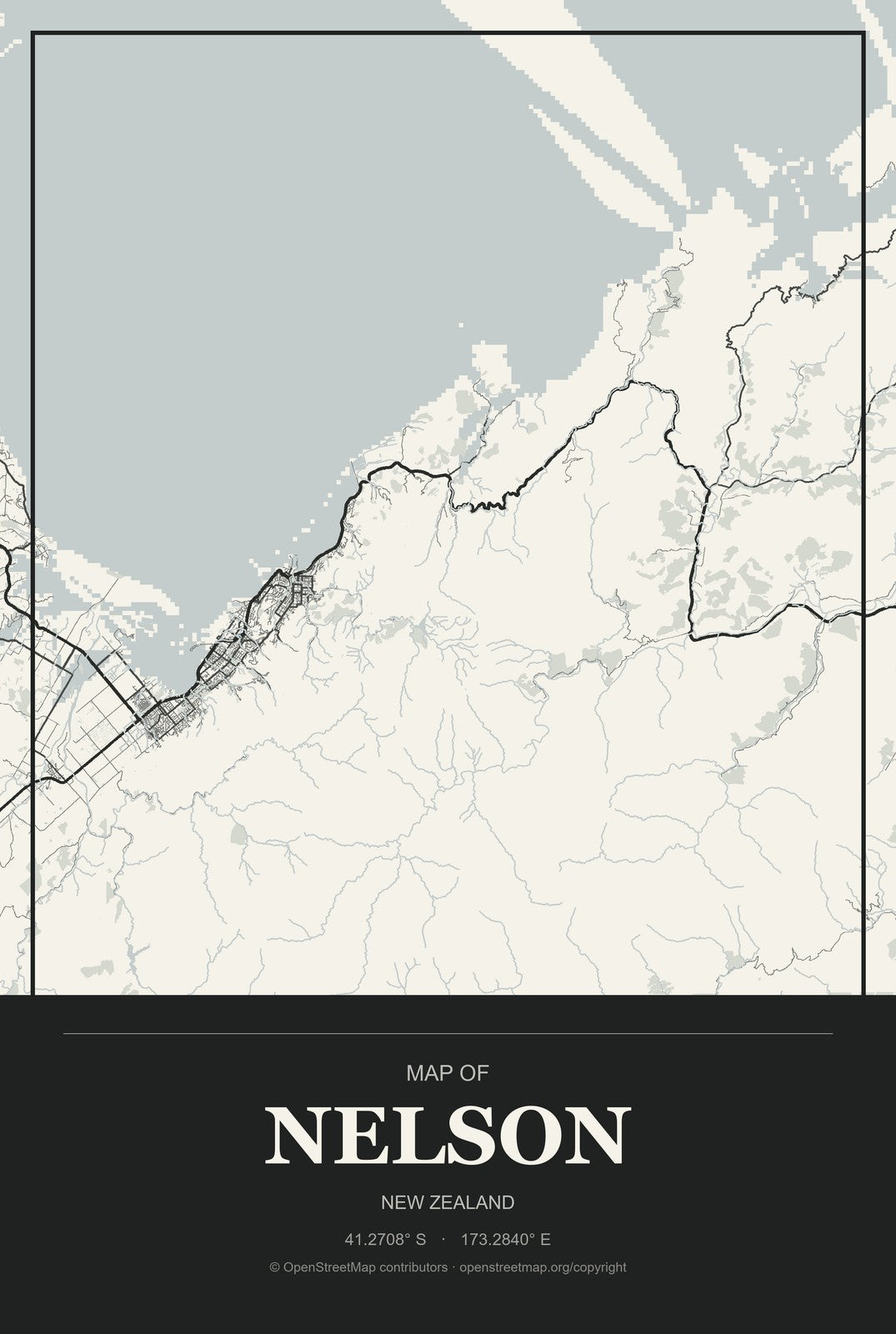 Nelson, New Zealand City Map Aluminum Sign in Museum Plaque style