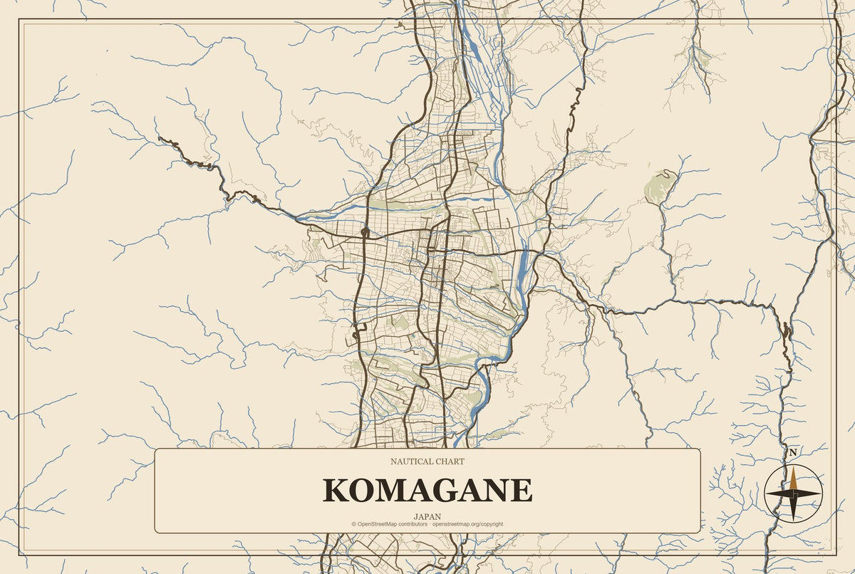 Komagane, Japan City Map Aluminum Sign in Heritage Nautical style