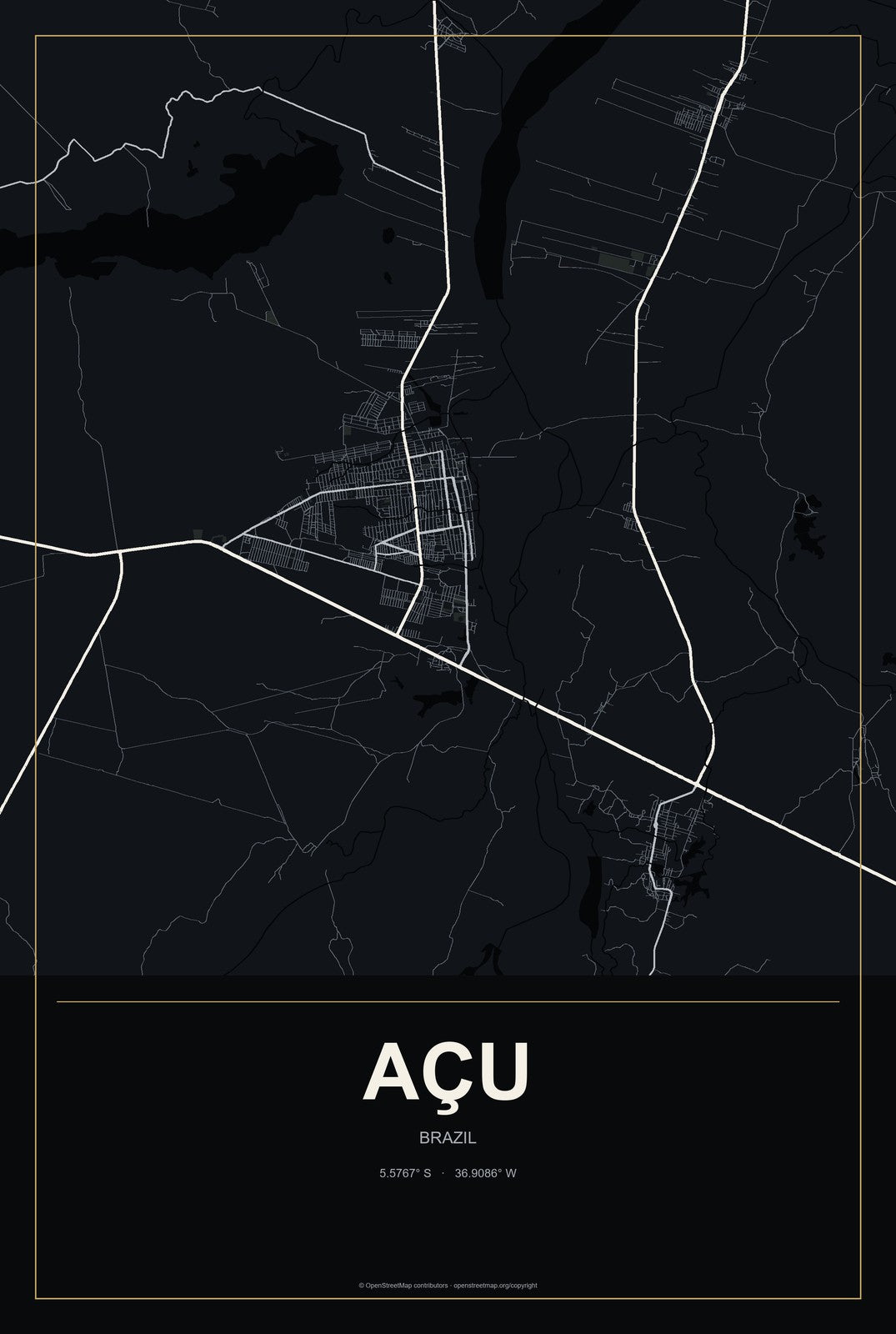 Açu, Brazil City Map Aluminum Sign in Metropolitan Noir style