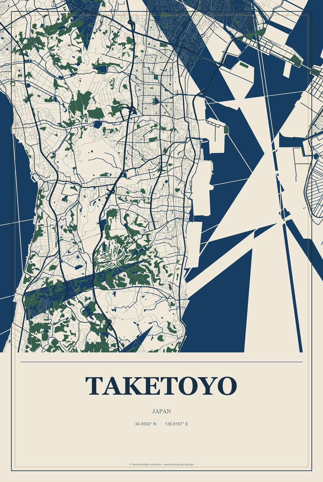 Taketoyo, Japan City Map Aluminum Sign in Coastal Cutout style