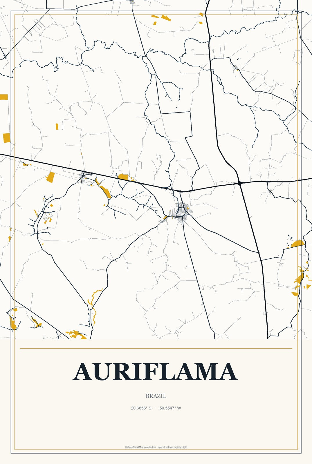 Auriflama, Brazil City Map Aluminum Sign in Citrine Modern style