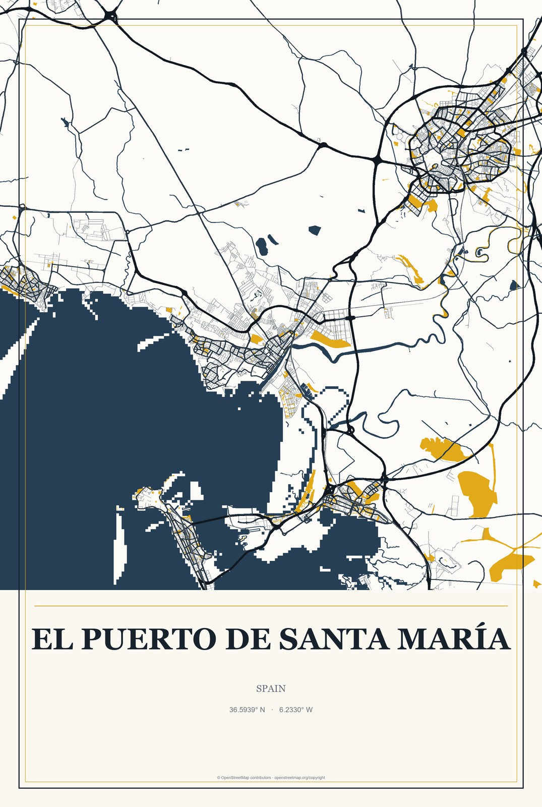 El Puerto de Santa María, Spain City Map Aluminum Sign in Citrine Modern style