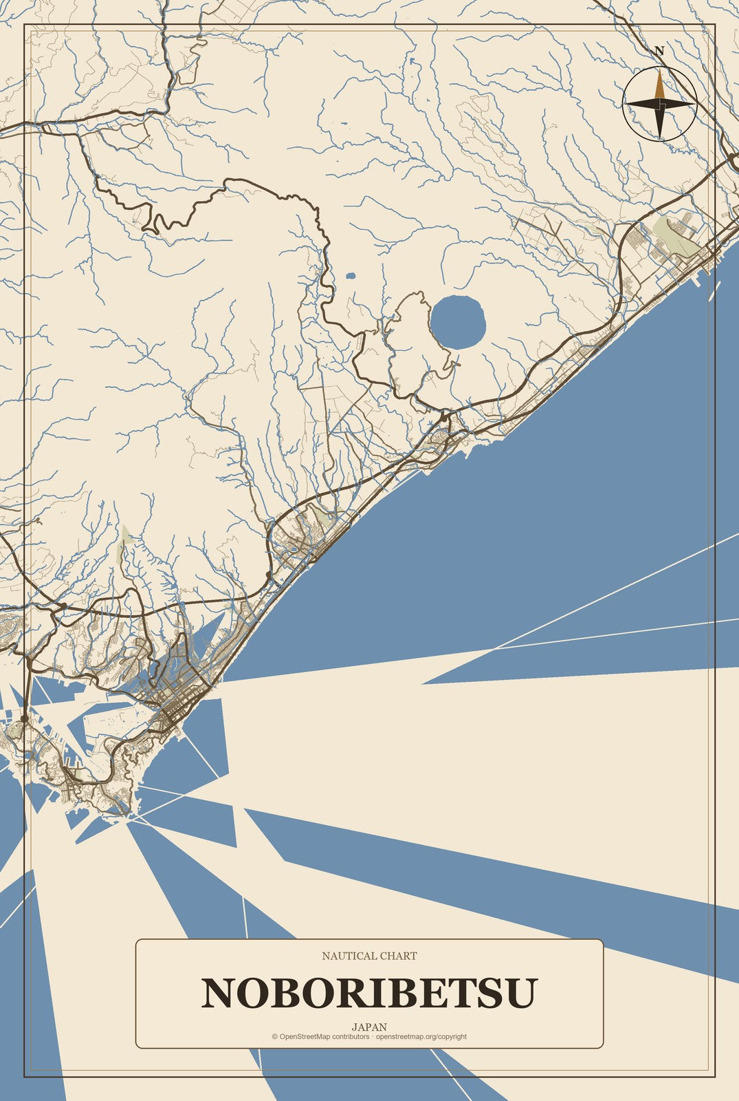 Noboribetsu, Japan City Map Aluminum Sign in Heritage Nautical style