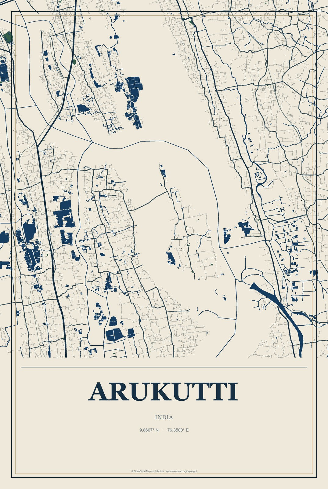 Arukutti, India City Map Aluminum Sign in Coastal Cutout style