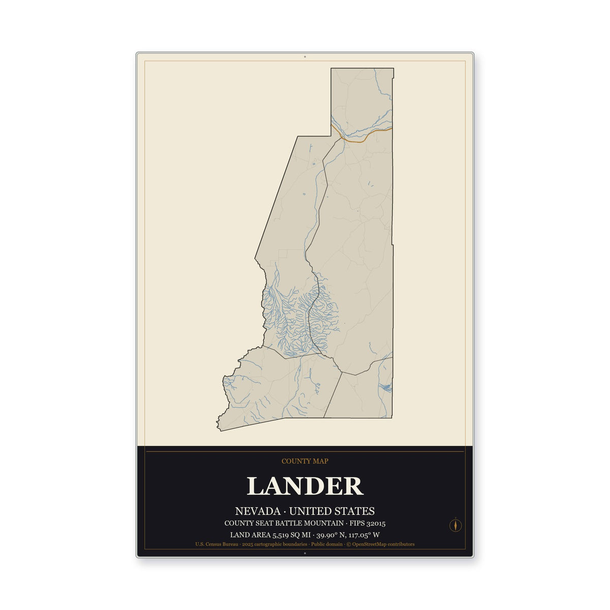 Lander County, Nevada Map Aluminum Sign in Museum Plaque style