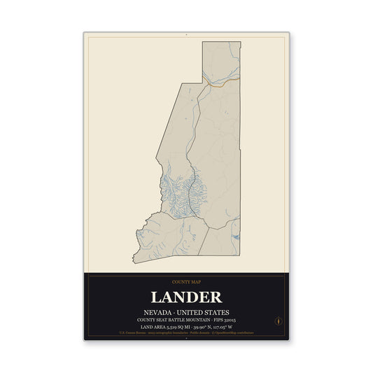 Lander County, Nevada Map Aluminum Sign in Museum Plaque style