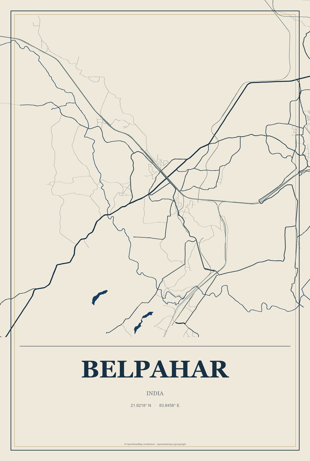 Belpahar, India City Map Aluminum Sign in Coastal Cutout style