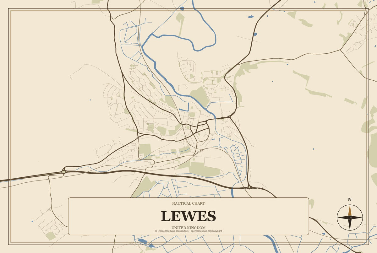 Lewes, United Kingdom City Map Aluminum Sign in Heritage Nautical style