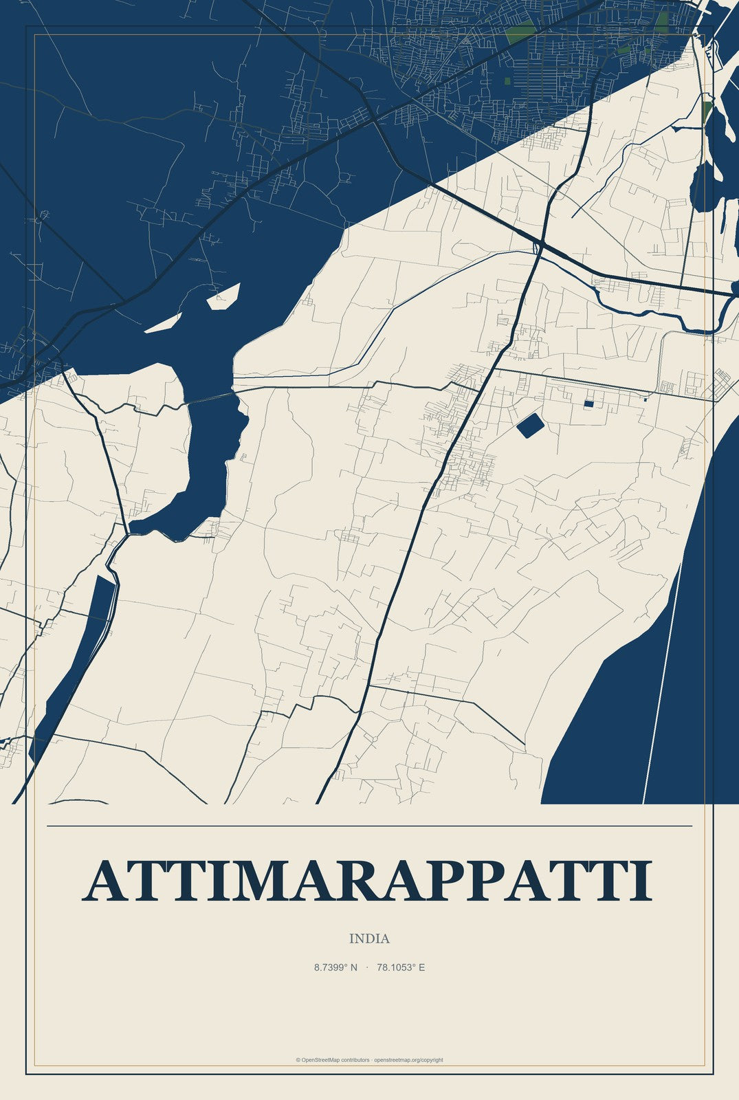 Attimarappatti, India City Map Aluminum Sign in Coastal Cutout style
