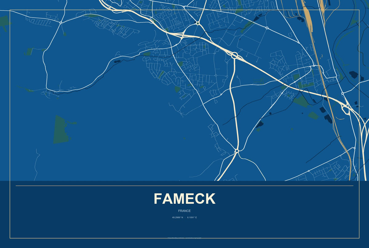 Fameck, France City Map Aluminum Sign in Harbor Cobalt style