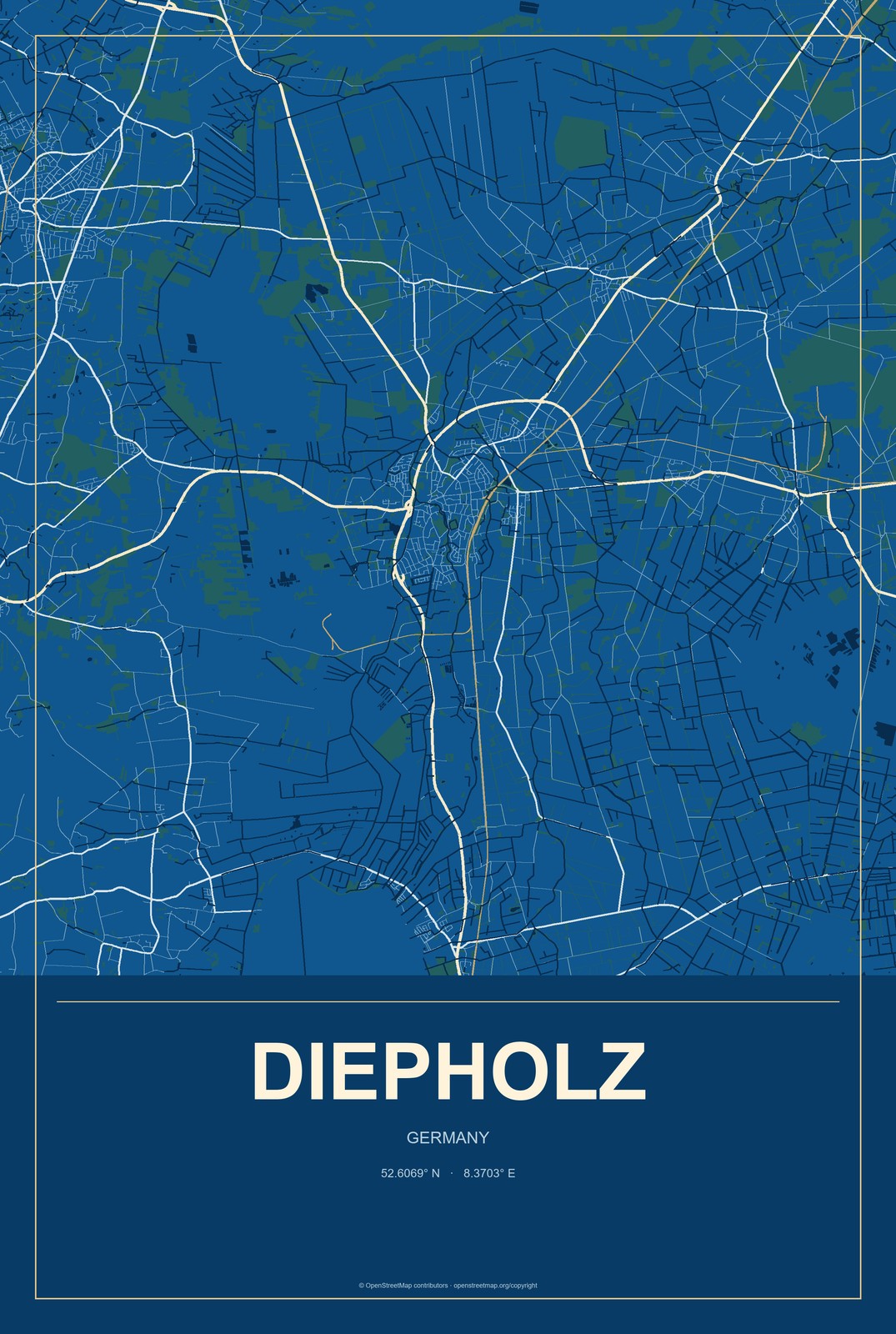 Diepholz, Germany City Map Aluminum Sign in Harbor Cobalt style
