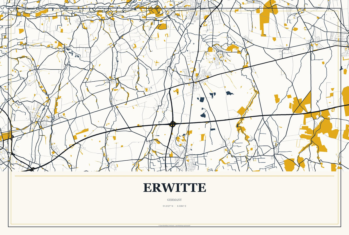 Erwitte, Germany City Map Aluminum Sign in Citrine Modern style