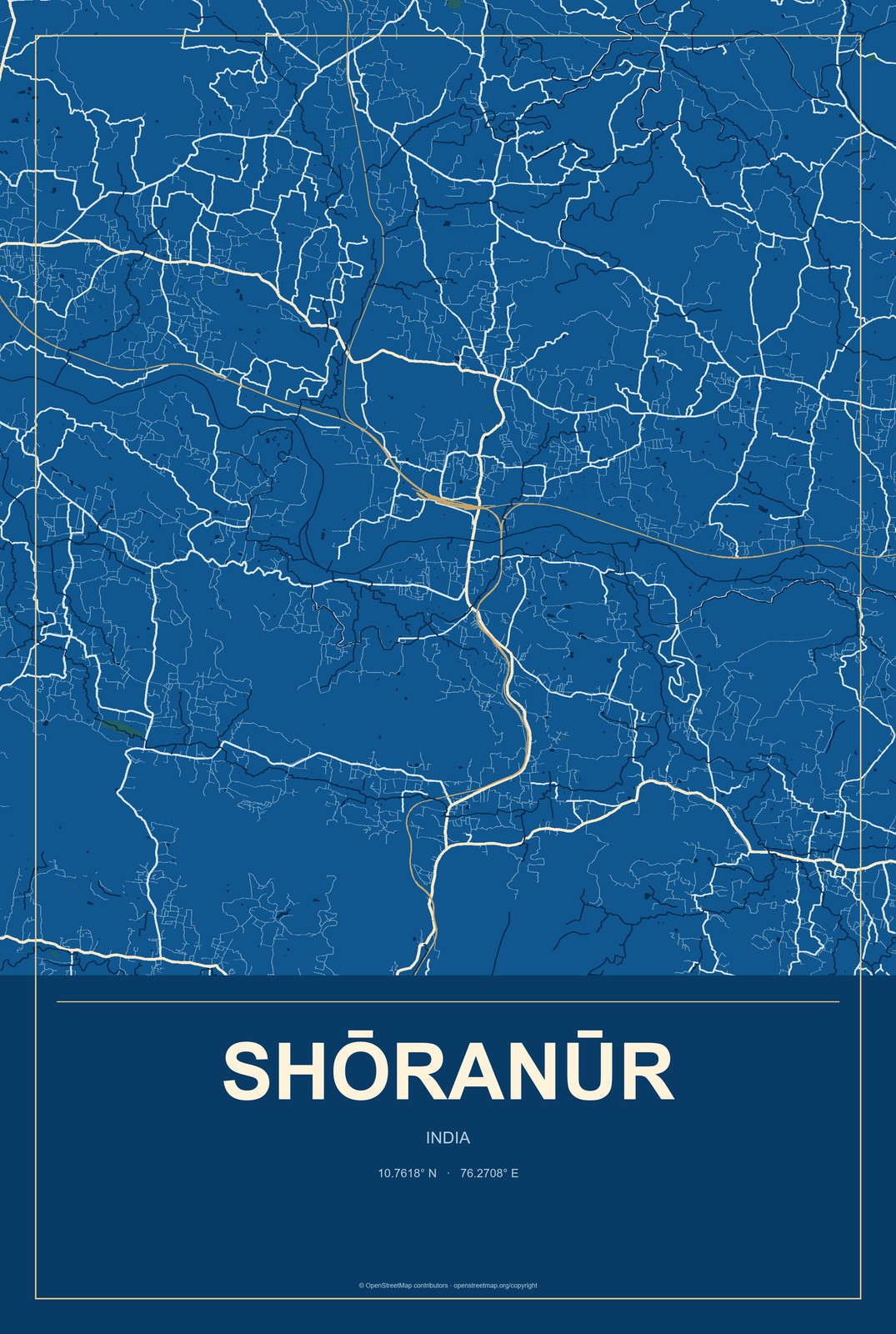 Shōranūr, India City Map Aluminum Sign in Harbor Cobalt style