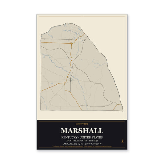 Marshall County, Kentucky Map Aluminum Sign in Museum Plaque style