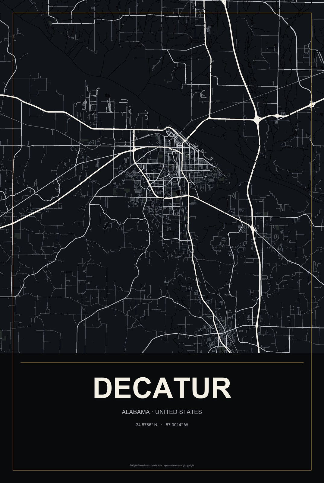 Decatur, Alabama City Map Aluminum Sign in Metropolitan Noir style