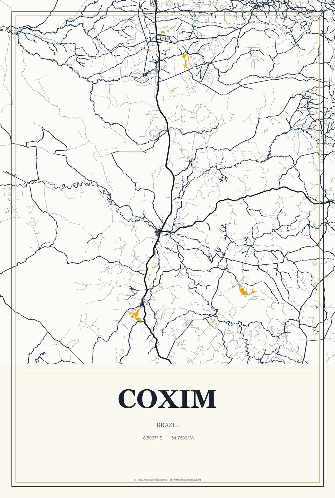 Coxim, Brazil City Map Aluminum Sign in Citrine Modern style