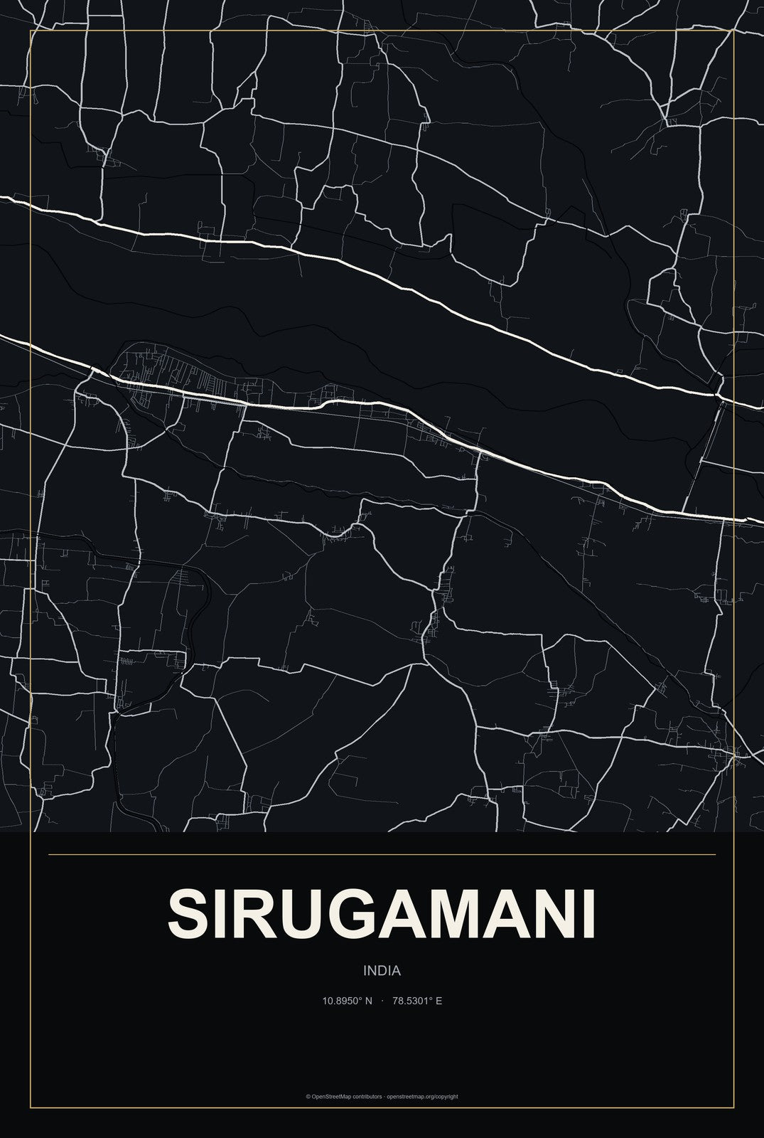 Sirugamani, India City Map Aluminum Sign in Metropolitan Noir style
