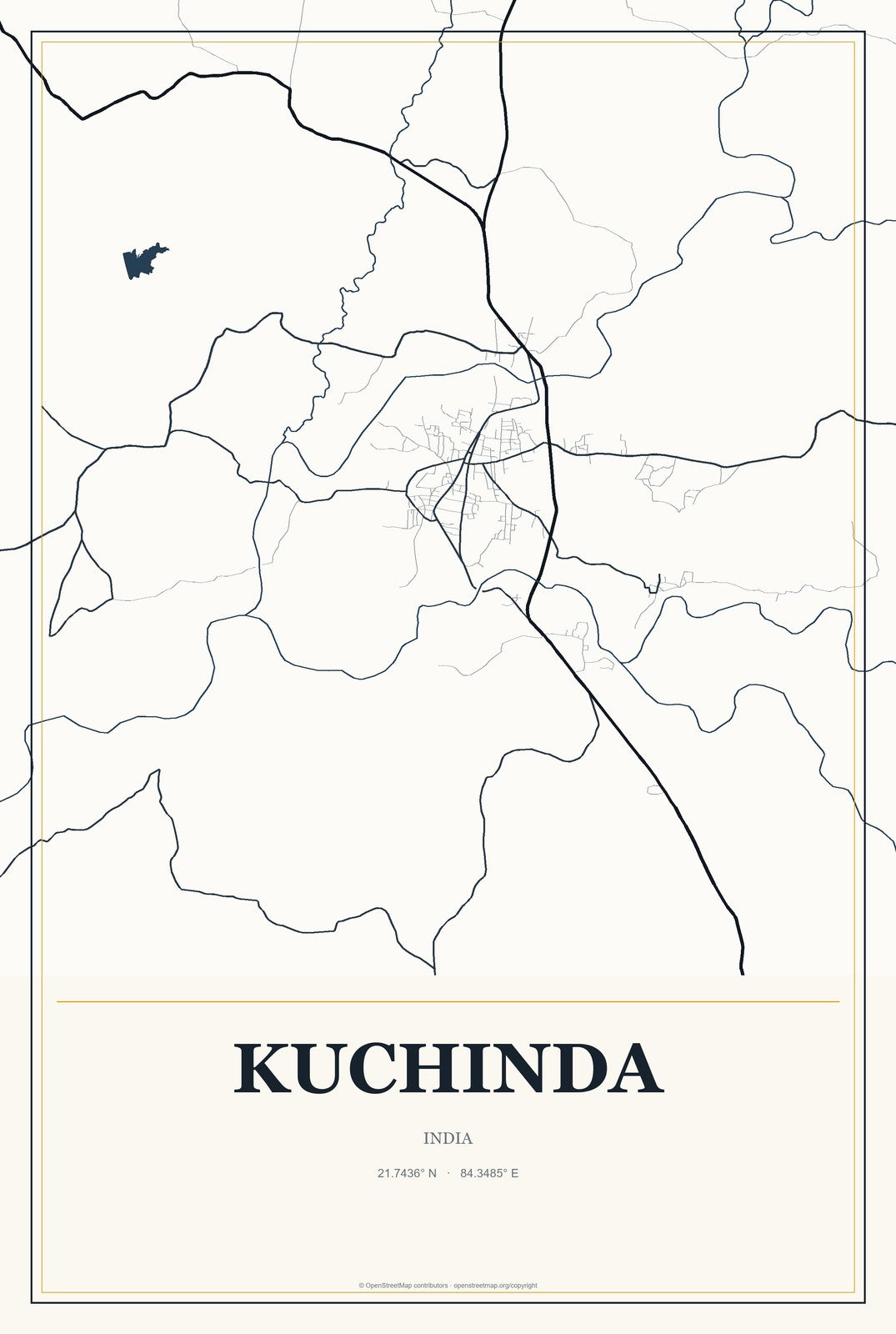 Kuchinda, India City Map Aluminum Sign in Citrine Modern style