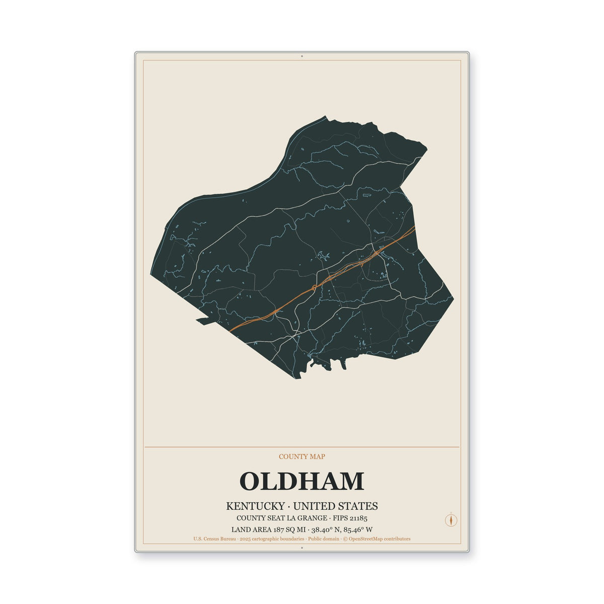 Oldham County, Kentucky Map Aluminum Sign in Headline Atlas style