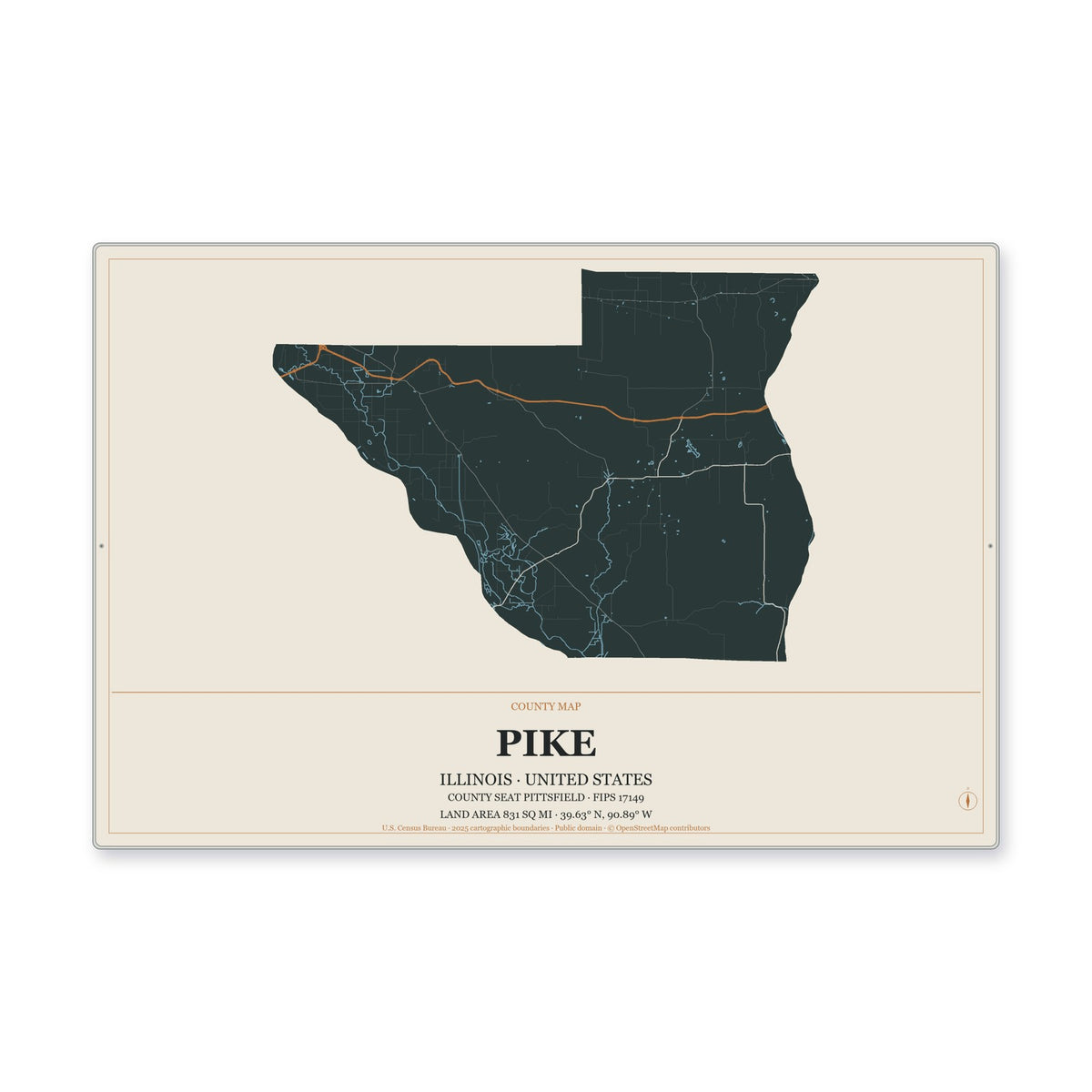 Pike County, Illinois Map Aluminum Sign in Headline Atlas style