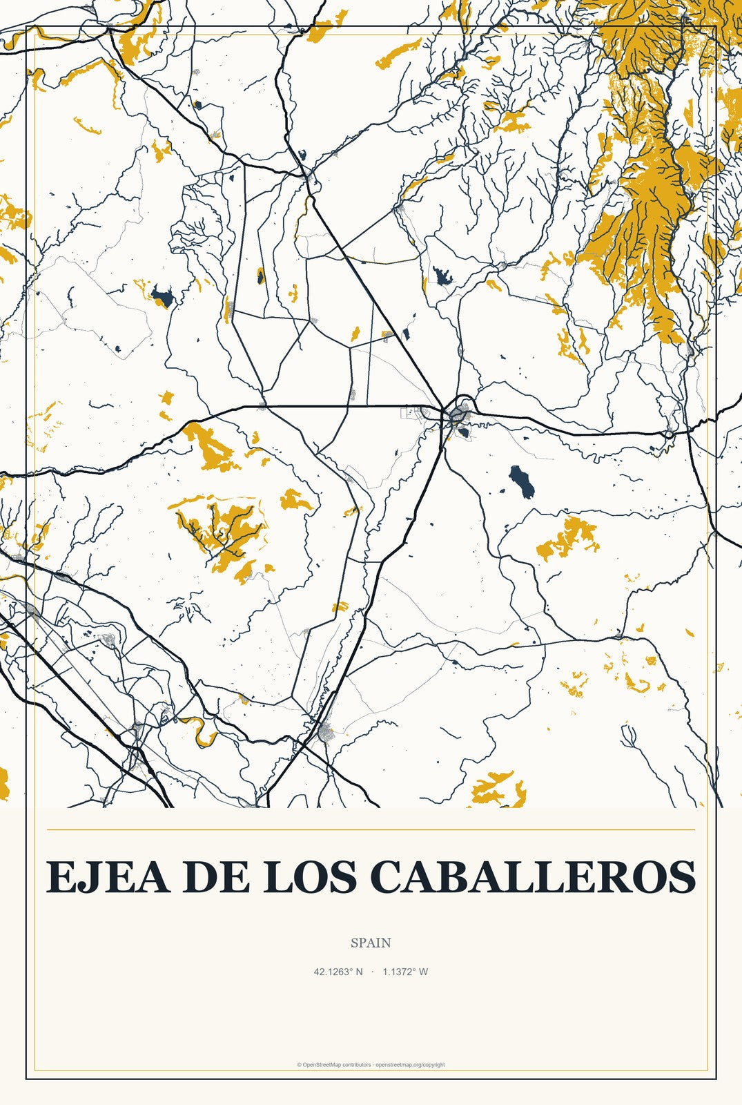 Ejea de los Caballeros, Spain City Map Aluminum Sign in Citrine Modern style