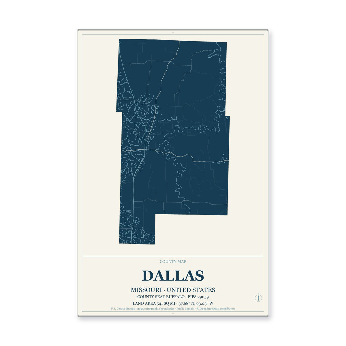 Dallas County, Missouri Map Aluminum Sign in Coastal Cutout style