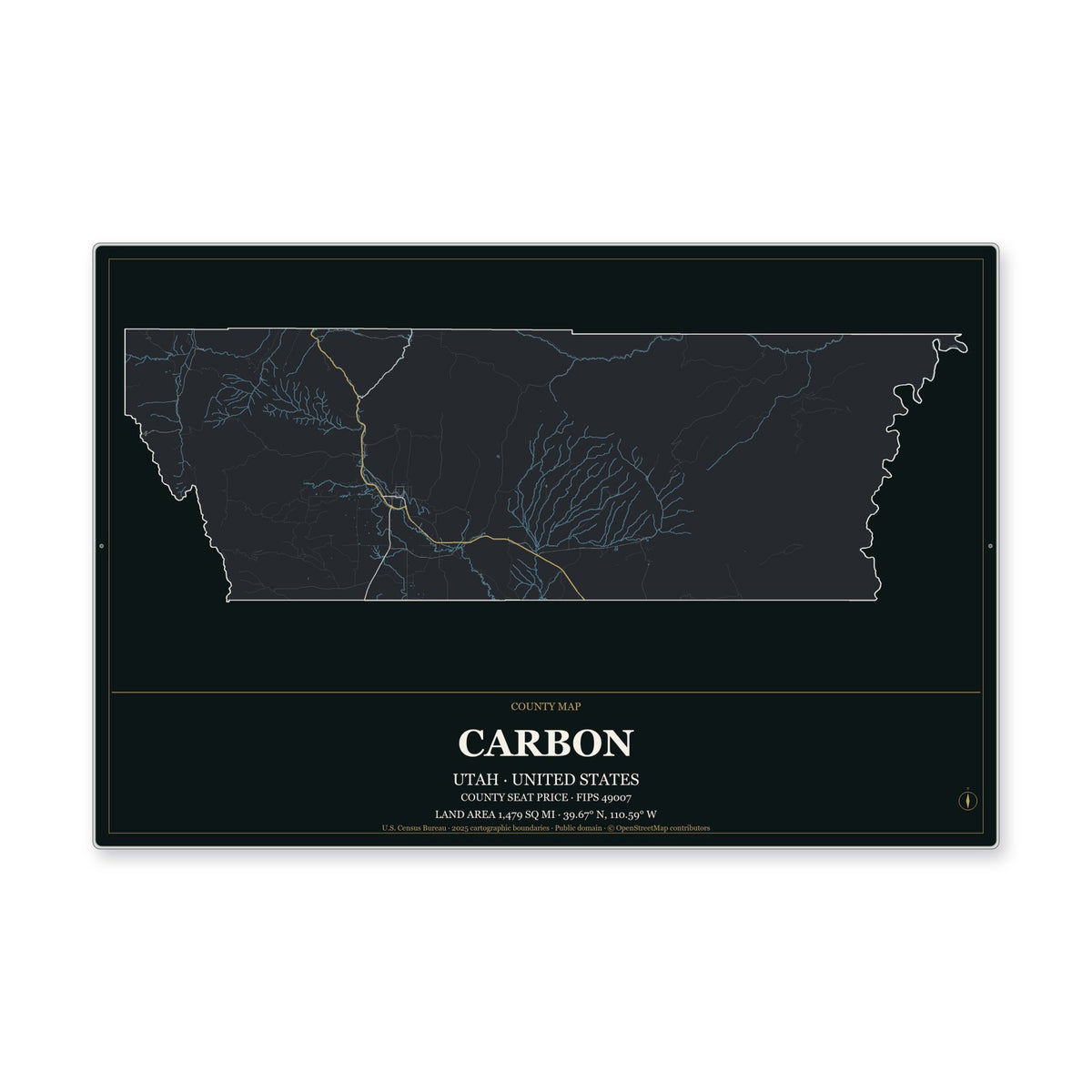 Carbon County, Utah Map Aluminum Sign in Metropolitan Noir style