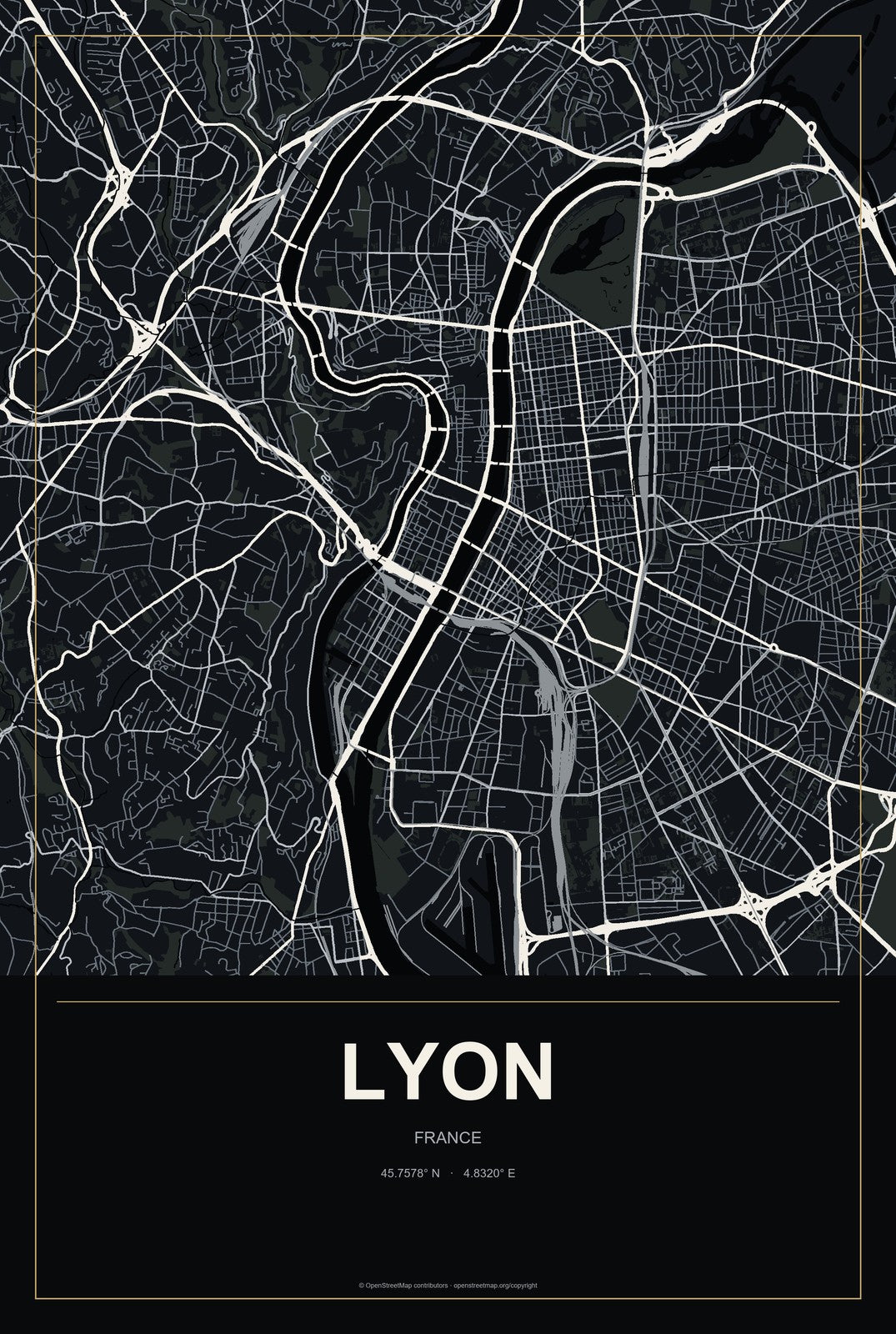 Lyon, France City Map Aluminum Sign in Metropolitan Noir style
