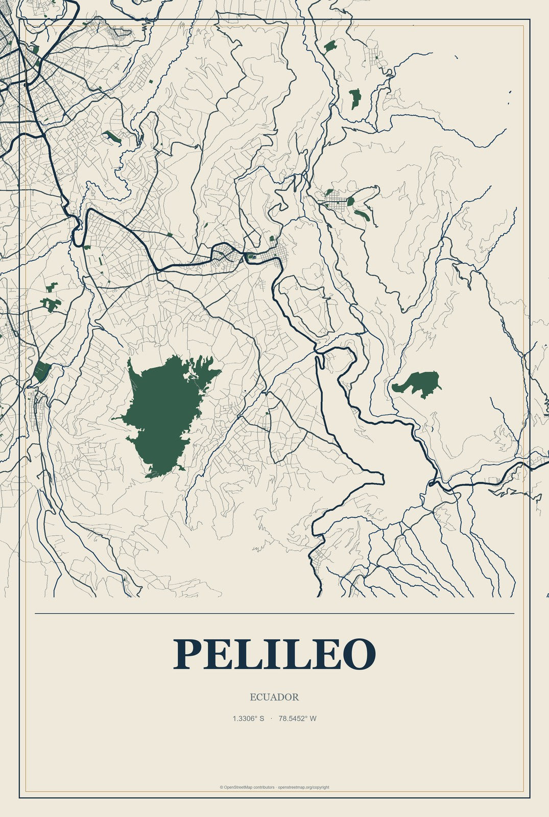 Pelileo, Ecuador City Map Aluminum Sign in Coastal Cutout style