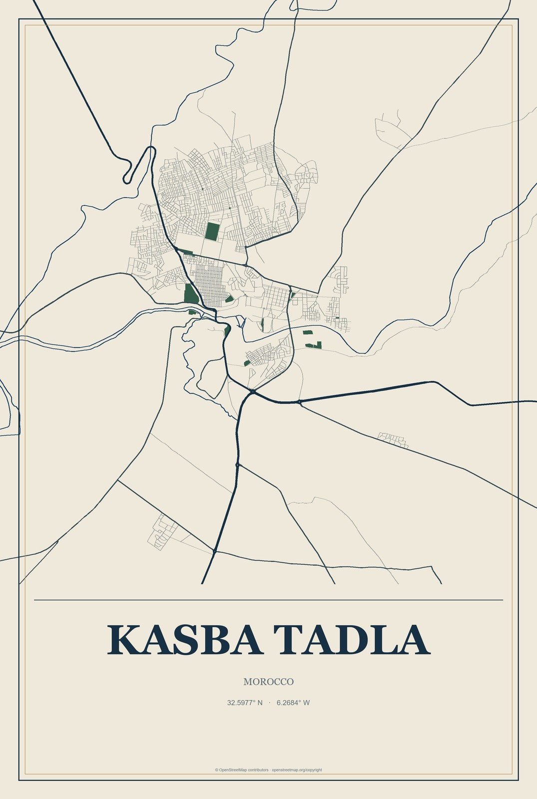 Kasba Tadla, Morocco City Map Aluminum Sign in Coastal Cutout style