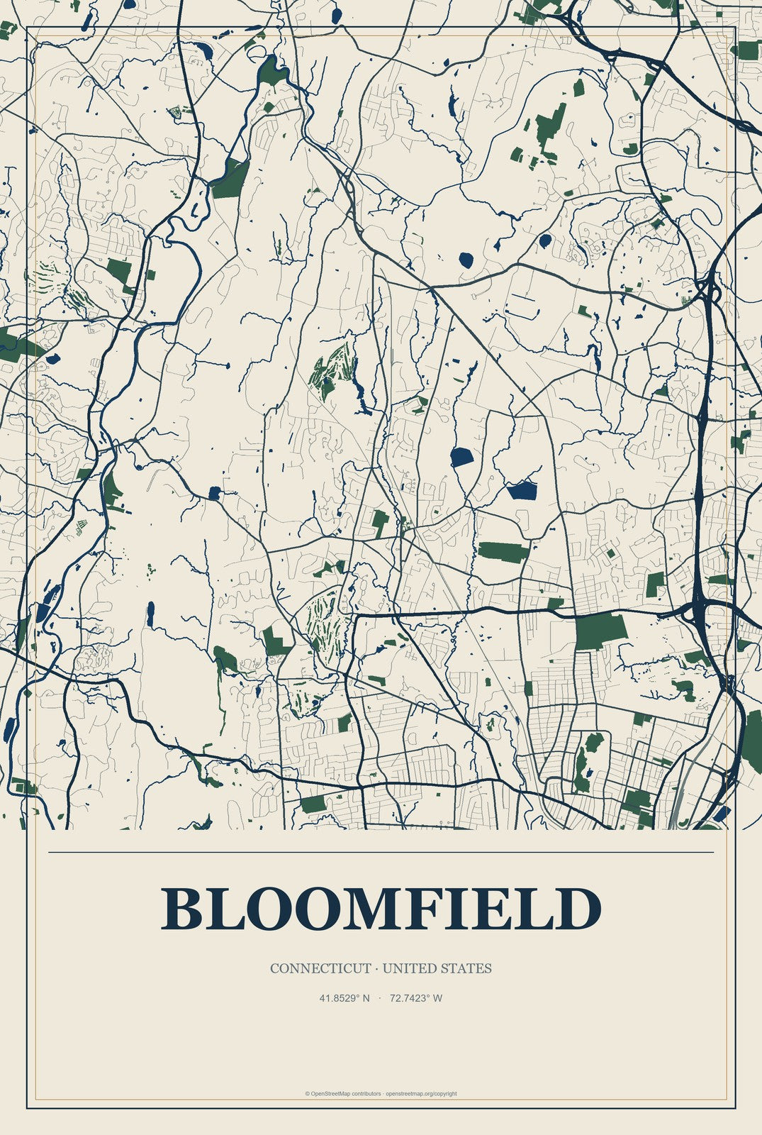 Bloomfield, Connecticut City Map Aluminum Sign in Coastal Cutout style