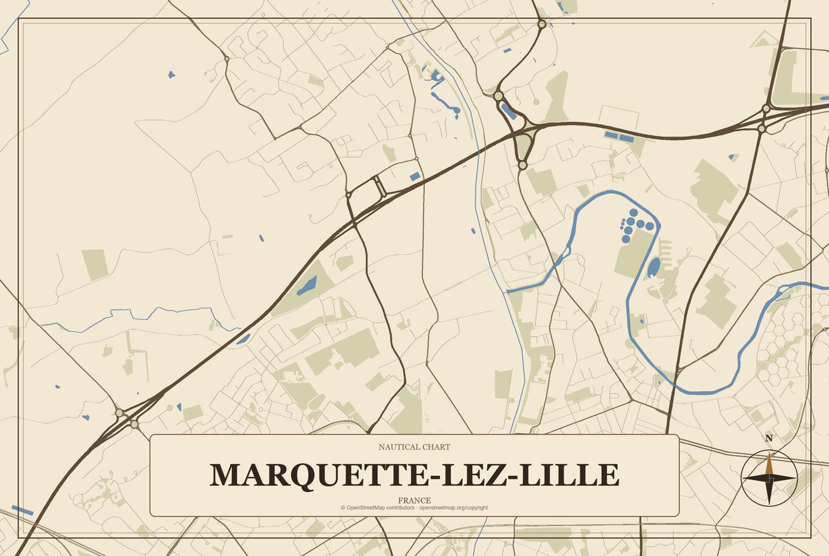 Marquette-lez-Lille, France City Map Aluminum Sign in Heritage Nautical style