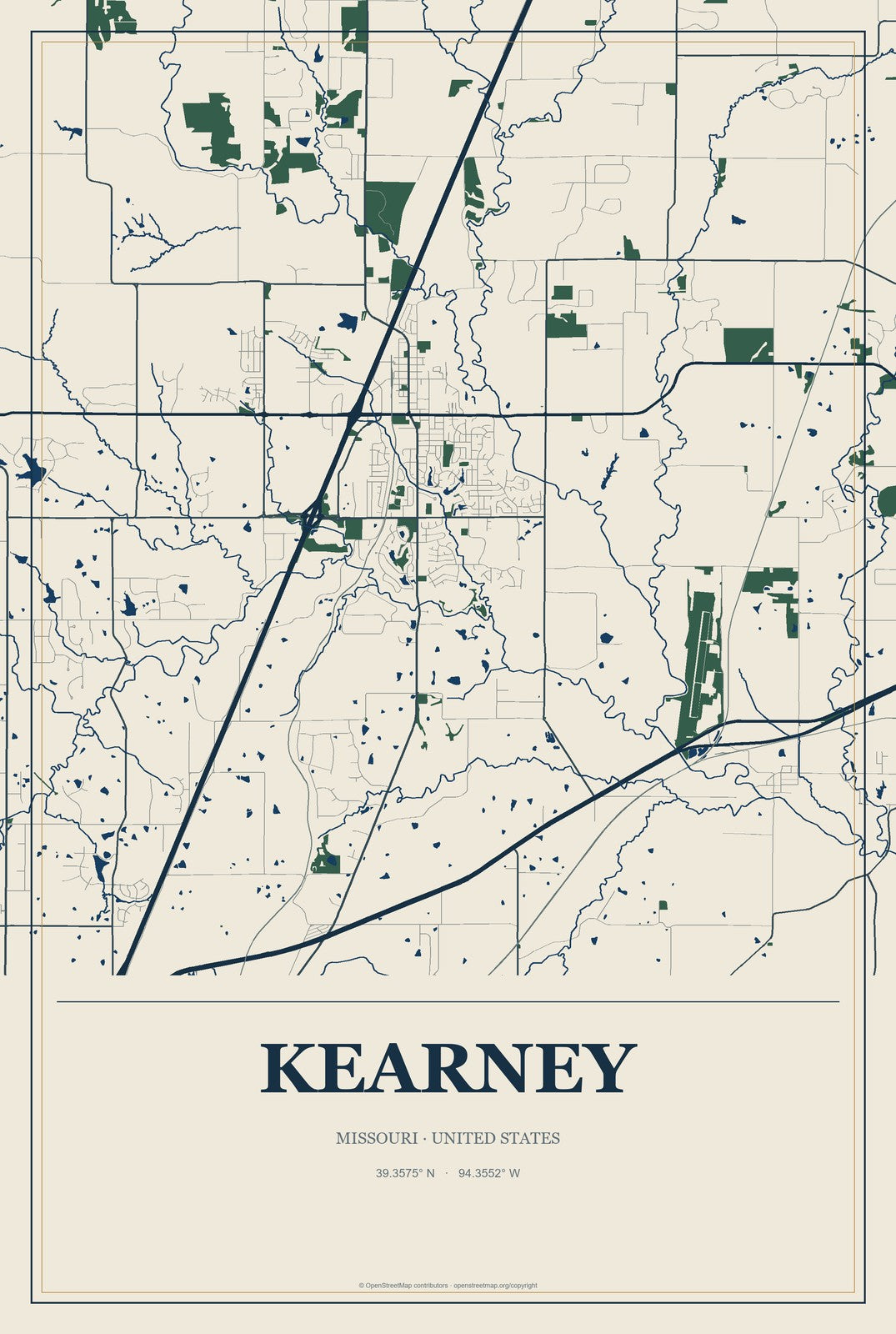 Kearney, Missouri City Map Aluminum Sign in Coastal Cutout style