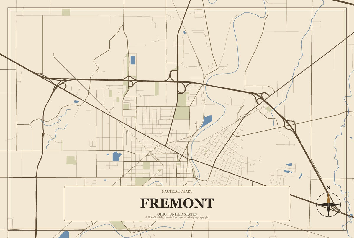 Fremont, Ohio City Map Aluminum Sign in Heritage Nautical style
