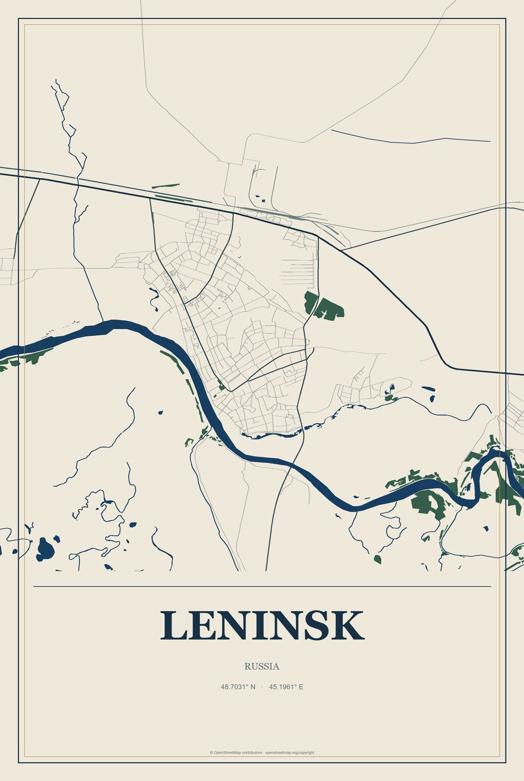 Leninsk, Russia City Map Aluminum Sign in Coastal Cutout style