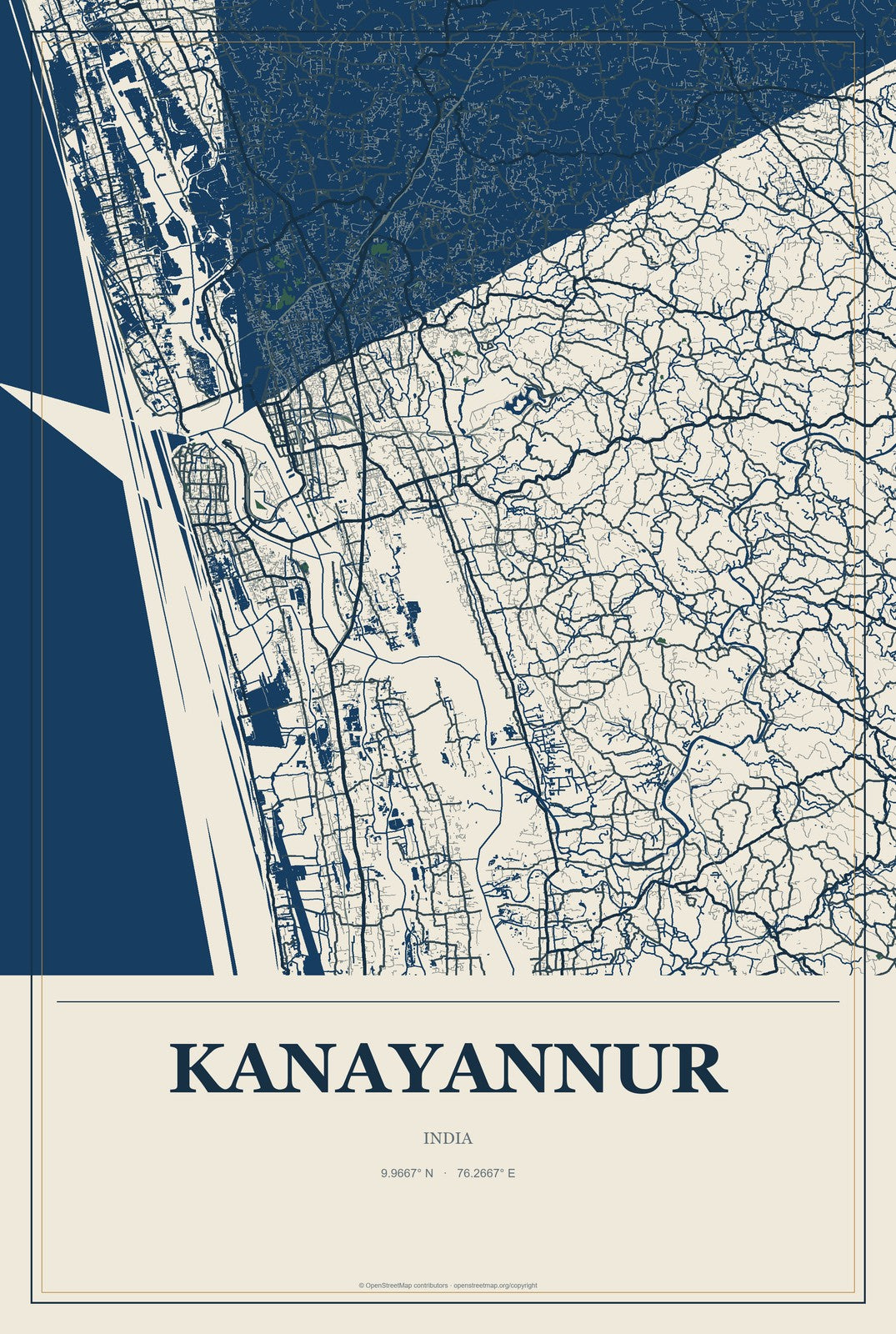 Kanayannur, India City Map Aluminum Sign in Coastal Cutout style